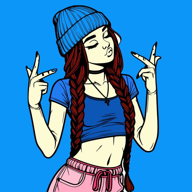 realistic teenage girl with braids and a beanie and crop top doing 🫶🏼