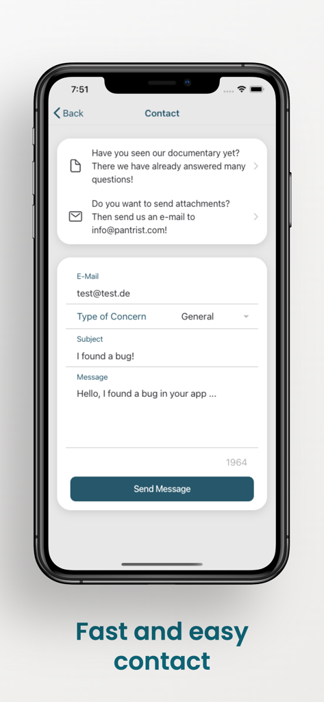 Pantrist - Shopping & Pantry - Pantrist app contact screen featuring a support message form for user feedback