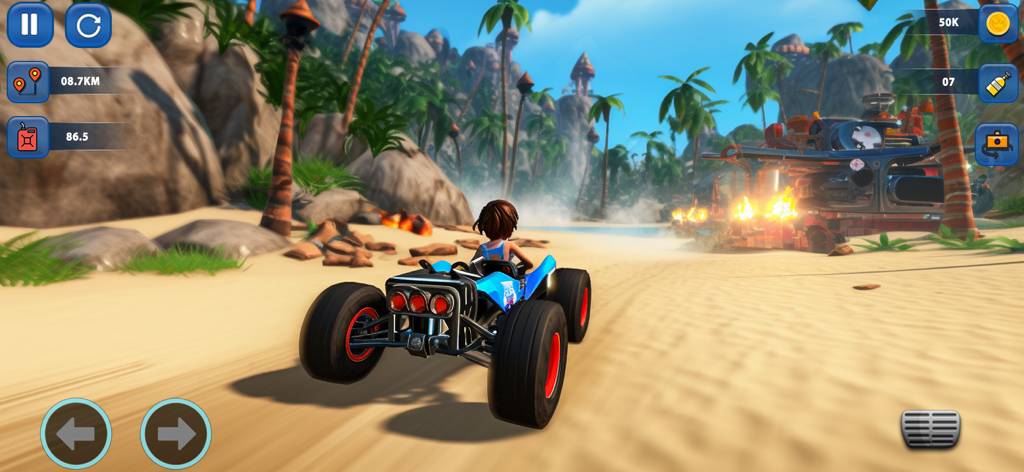 Beach Car: Buggy Racing Games - 青いバギーがヤシの木と爆発のある砂浜トラックをレースしている