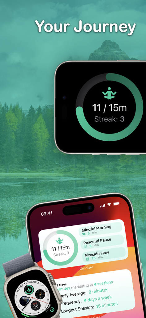 Meditation Timer - Zenitizer - Progreso de meditación y rutinas de Zenitizer mostradas en widgets de iPhone y Apple Watch.