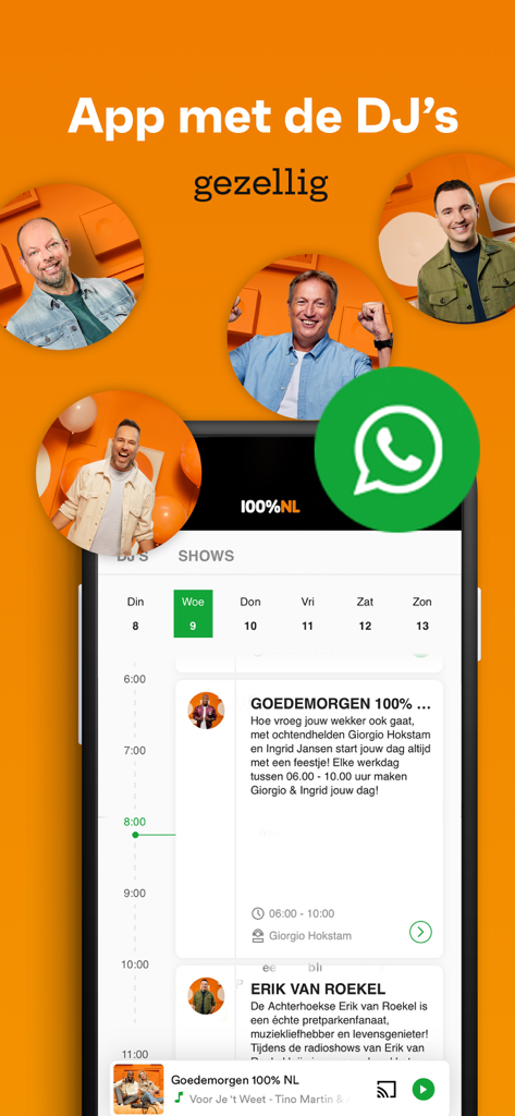 Interface do aplicativo 100pnl mostrando a programação de programas de rádio e DJs em destaque
