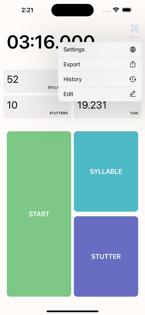 Main interface of the Fluency Calculator app showing syllable and stutter counts with an open menu for settings and history.