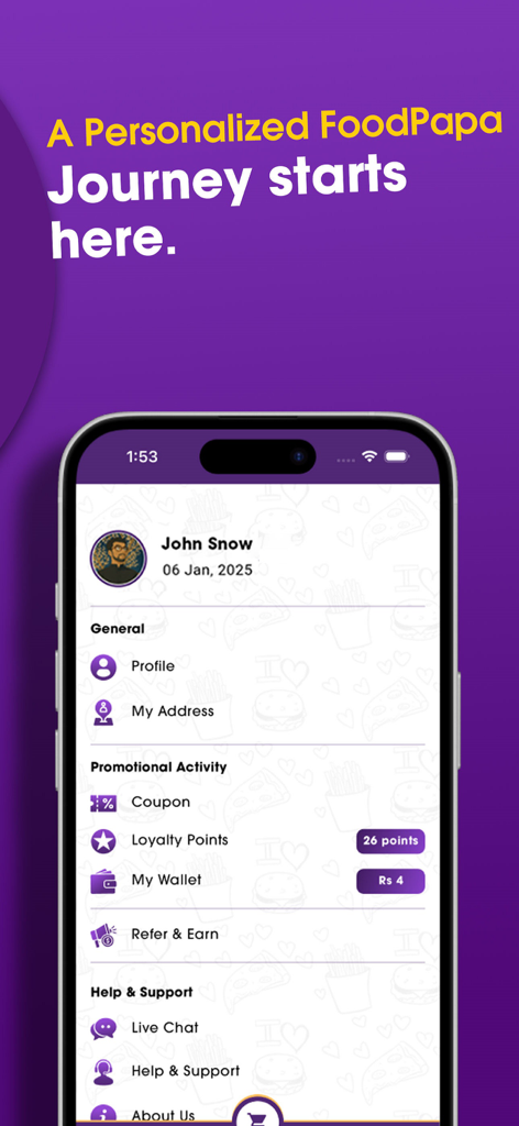FoodPapa - FoodPapa mobile app user profile interface showing loyalty points and rewards