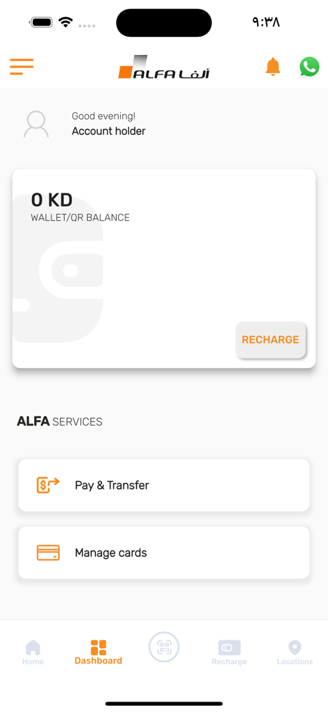 Alfa - Interface of the Alfa app dashboard showing wallet balance and services