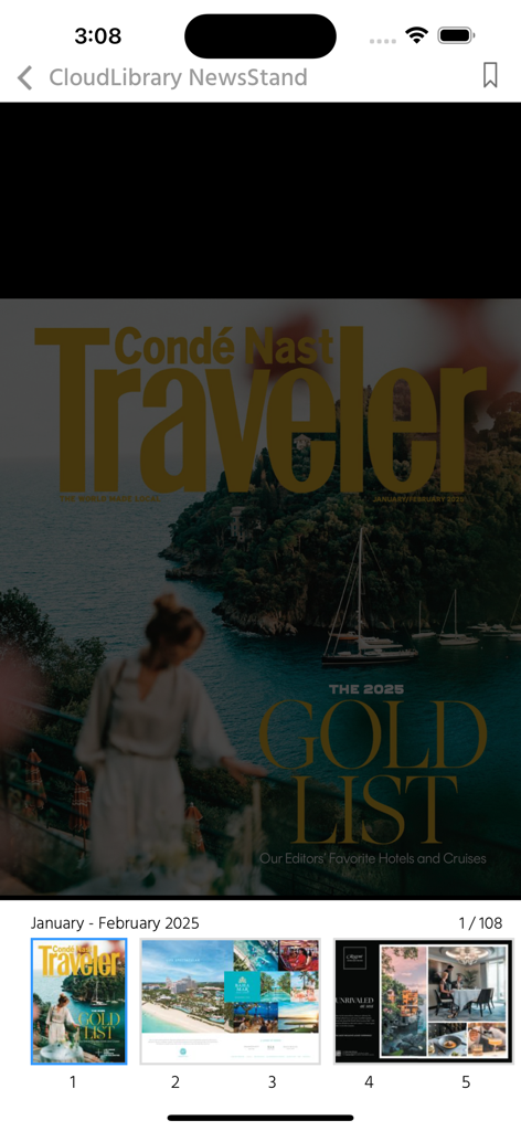 A digital magazine reader interface in the CloudLibrary NewsStand app showing the cover of Conde Nast Traveler