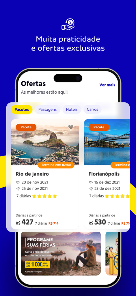 Interface do aplicativo de viagens da CVC mostrando pacotes de viagem exclusivos para Rio de Janeiro e Florianópolis com detalhes de preço e opções de parcelamento