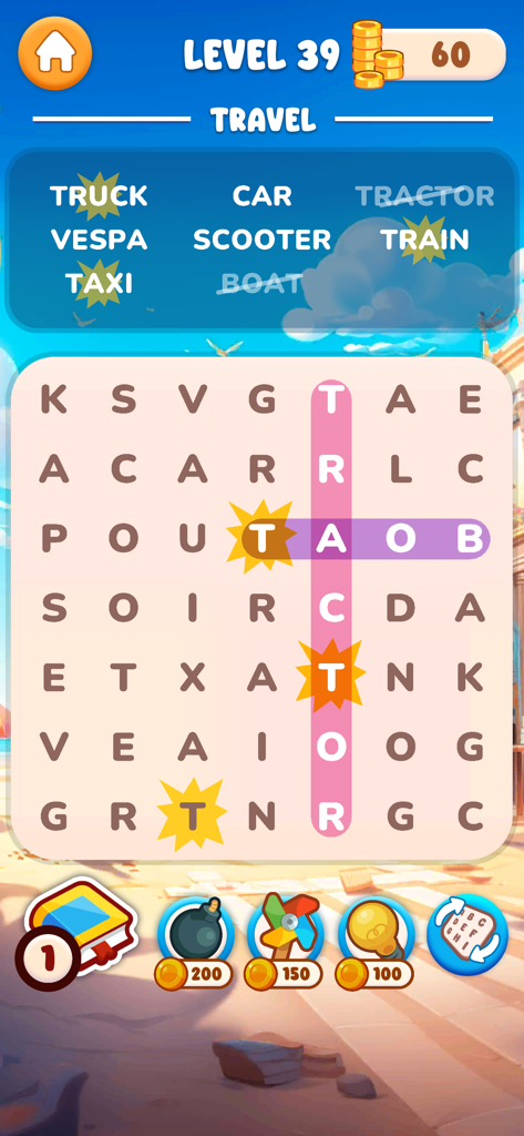 Gameplay screenshot of a travel themed word search puzzle with a letter grid and word list
