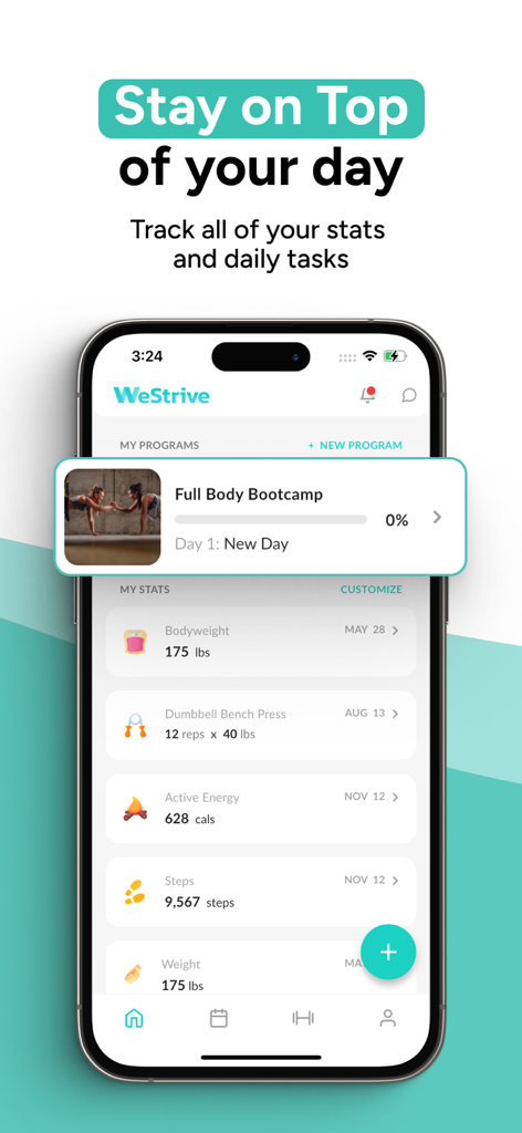WeStrive - A smartphone displaying the WeStrive app fitness dashboard with workout programs and daily health stats tracking