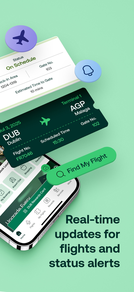 Dublin Airport - Pantalla de teléfono inteligente que muestra el estado del vuelo en tiempo real y las alertas para la aplicación del Aeropuerto de Dublín