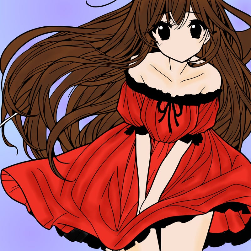 manga girl with long flowing hair and a dress that is pushed down