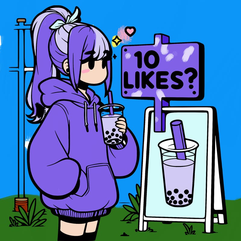 girl with oversized hoodie drinking boba and she has a high ponytail with a sign that says 10likes?