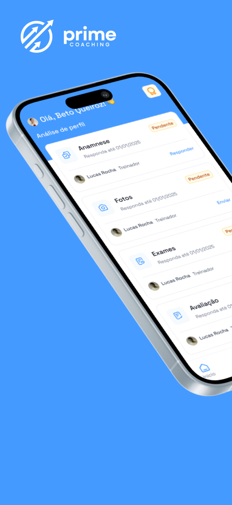 Prime Coaching - Tela de smartphone exibindo a seção de análise de perfil do aplicativo Prime Coaching com tarefas de fitness pendentes.