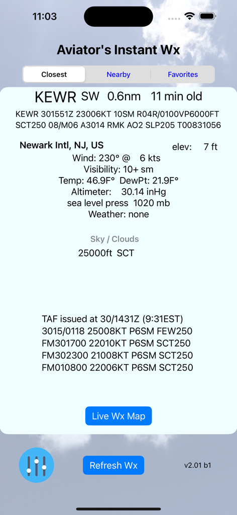 Aviator's Instant Weather - Aviator's Instant Weather app screen showing decoded METAR and TAF for Newark International Airport