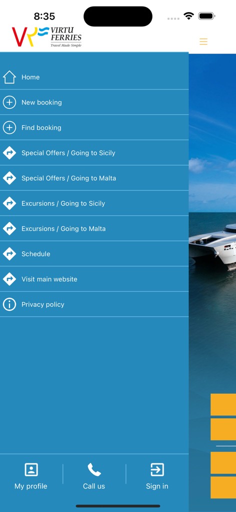 Menu di navigazione mobile dell'app Virtu Ferries con opzioni di prenotazione ed escursioni per la Sicilia e Malta