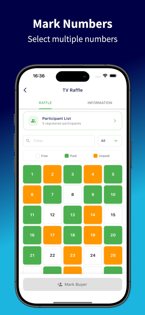 Easy Raffle: Names and Numbers - Mobile app interface for tracking paid and unpaid raffle numbers in a digital grid