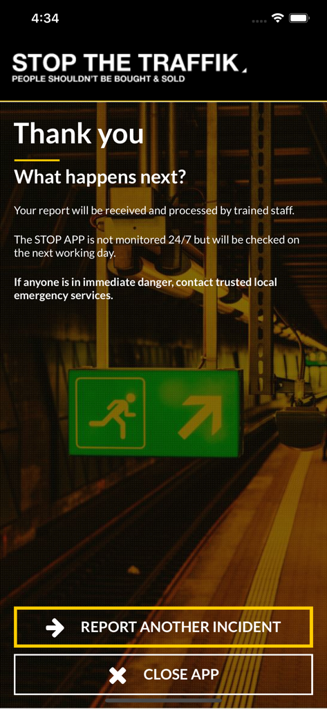 The STOP APP confirmation screen displaying a thank you message and next steps after a report has been submitted.