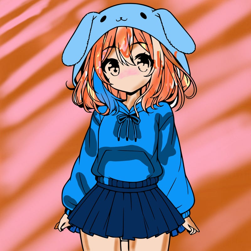 pretty anime girl wearing a fluffy hoodie with bunny ears on the hood and a skirt