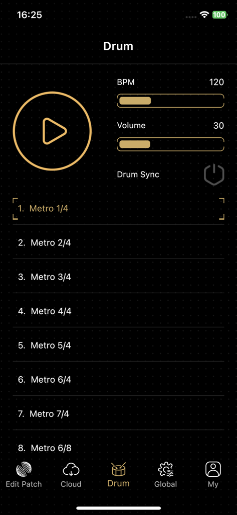 Oberfläche der Ampero II Stage App mit Drum-Machine-Steuerelementen und Metronom-Einstellungen.