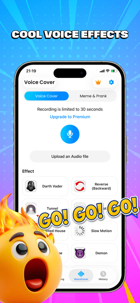 Reverse Audio: Singing Trend - Interface of Reverse Audio app showing voice filters like Darth Vader and reverse playback.