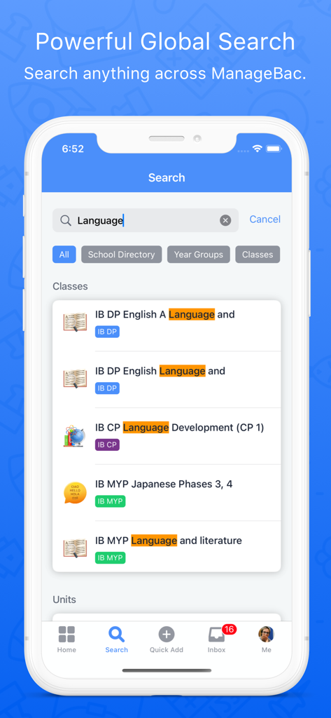 ManageBac app global search screen showing search results for language classes across IB programs
