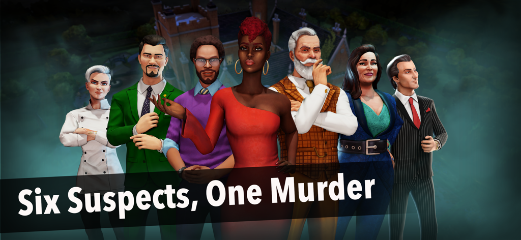 Clue - Six suspects standing in front of the Tudor Mansion in the Clue mobile game.