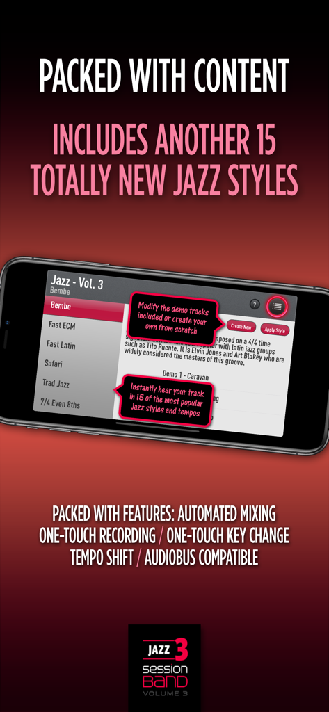 SessionBand Jazz 3 - SessionBand Jazz 3 app interface displaying a list of jazz styles and music production features