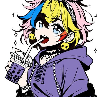 hot baddie anime girl drinking boba and biting the straw