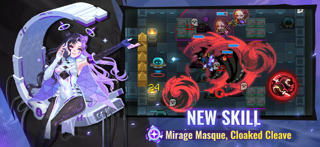 Soul Knight gameplay screenshot featuring the character Mirage Masque and the new Cloaked Cleave skill.