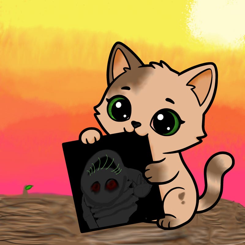 a small cat with a blank sheet of paper in its hand. the cat is sooooooo cute!