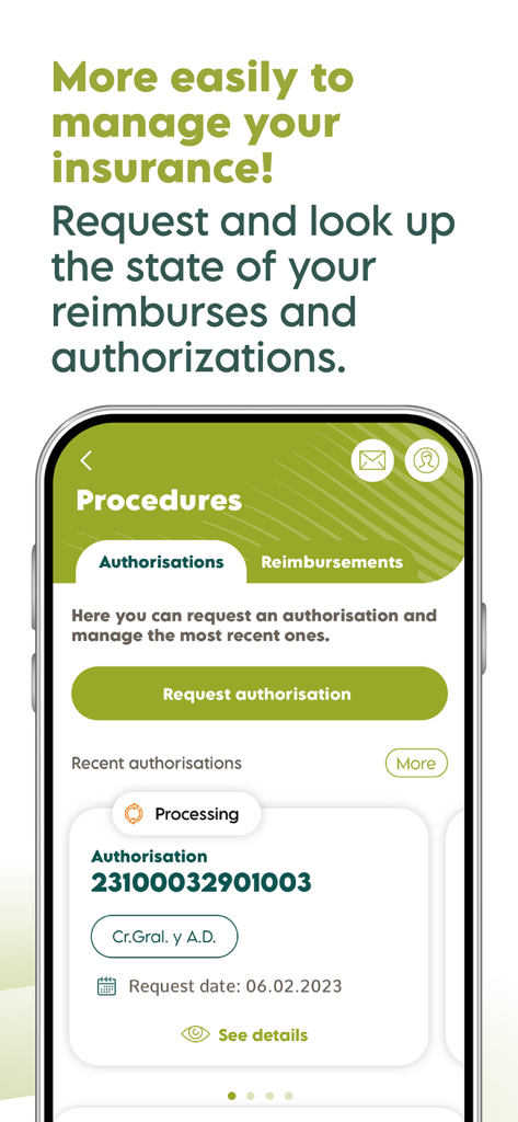 Pantalla de la app Activa DKV mostrando cómo solicitar y seguir autorizaciones de seguro y reembolsos