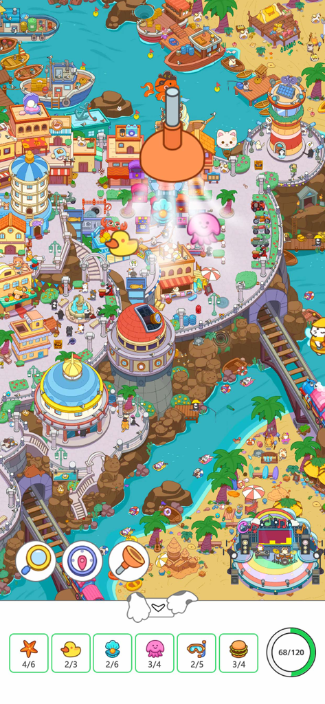 A detailed hand-drawn cartoon seaside level in the Cat Trip hidden object game featuring various items to find