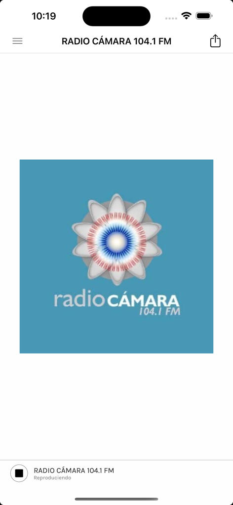 Radio Cámara - Radio Camara 104.1 FM official app live stream player screen showing the station logo on a blue background.