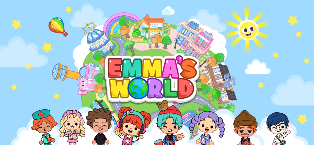 Colorful splash screen for Emma's World showing the app logo above eight diverse cartoon child characters and a miniature town on a globe