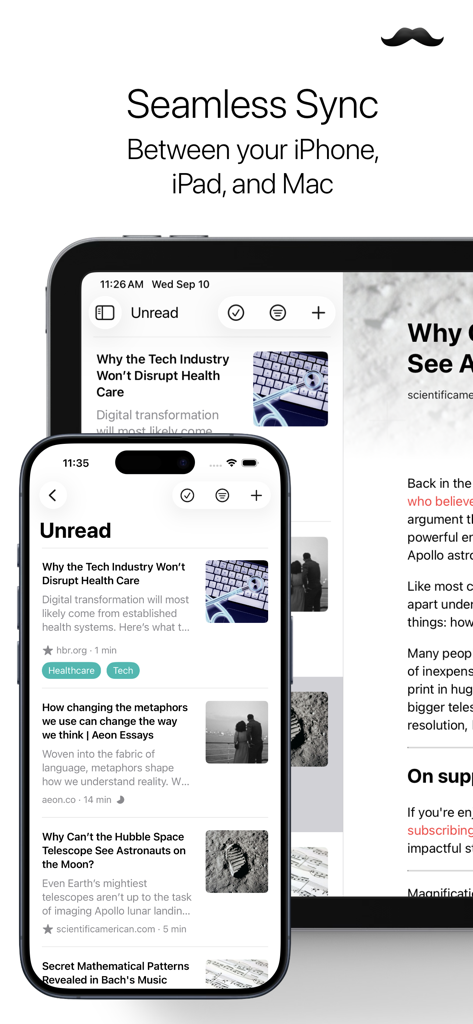 Stache: Save Now, Read Later - Stache app interface showing seamless synchronization of unread articles between iPhone iPad and Mac