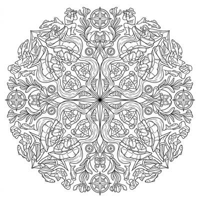 Unleash your creativity with this captivating River Explorers Mandala coloring page, an intricate journey of discovery. Dive into symmetrical patterns featuring adventurous figures, boats, and natural river elements, perfect for a relaxing coloring experience.