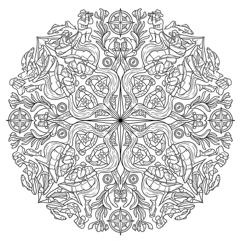 Unleash your creativity with this captivating River Explorers Mandala coloring page, an intricate journey of discovery. Dive into symmetrical patterns featuring adventurous figures, boats, and natural river elements, perfect for a relaxing coloring experience.