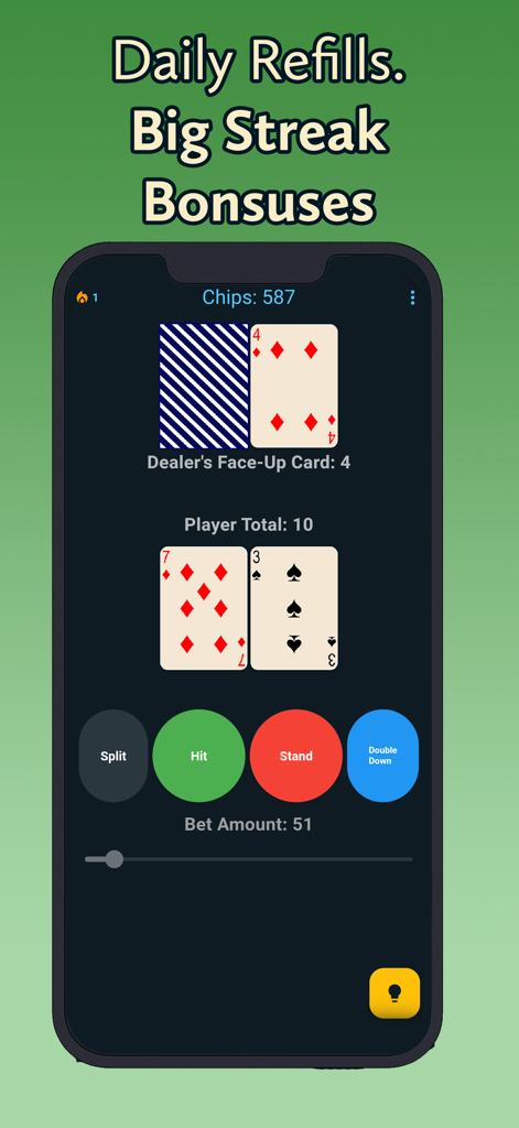 Blackjack Trainer and Analyzer - Blackjack Trainer und Analysator App-Oberfläche, die eine Blackjack-Hand und Text zum täglichen Bonus zeigt.