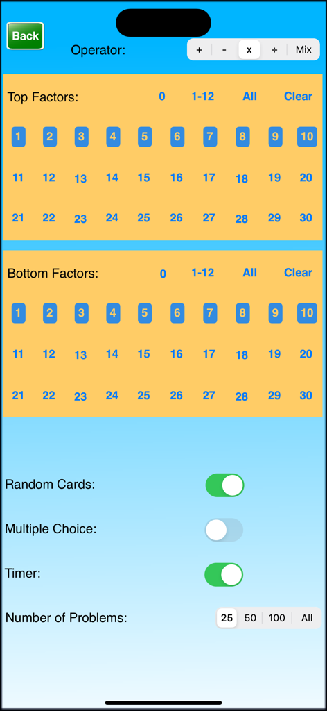 Ace Math Flash Cards - Settings screen for customizing math flash cards with factor ranges and quiz options