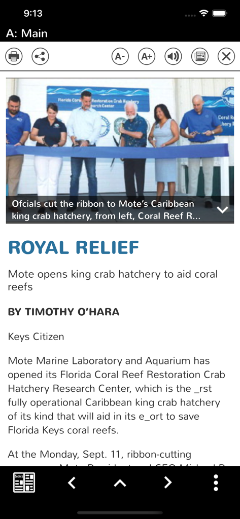 Keys Citizen - Keys Citizen mobile app interface showing a news article about a local king crab hatchery ribbon cutting ceremony.