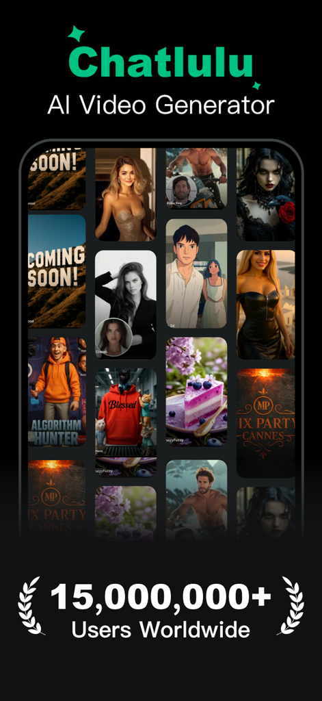 Chatlulu AI video generator interface showing a variety of creative styles and 15 million users worldwide