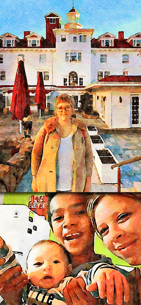 Exemples de photos de voyage et de famille transformées en peintures aquarelles réalistes.