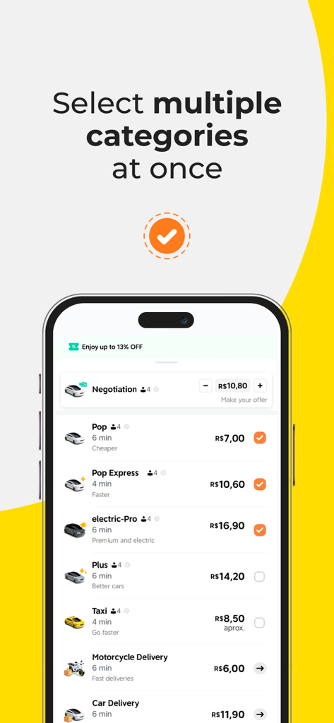 Interface de l'application 99 permettant de sélectionner plusieurs catégories de trajets simultanément, y compris Pop et Taxi