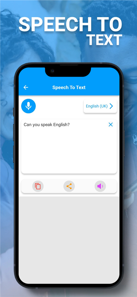 Speak and Translate Languages - Una interfaz de aplicación móvil que muestra una función de voz a texto con un botón de micrófono y la frase ¿Puedes hablar inglés traducida a texto.