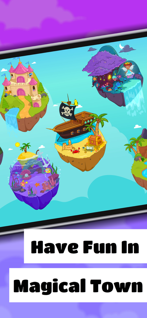Tizi City Wonder World app screenshot showing floating islands with a princess castle and pirate ship.