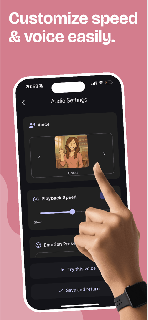 mimi - Dyslexia TTS - Smartphone screen of the mimi app showing options to customize voice character and playback speed.