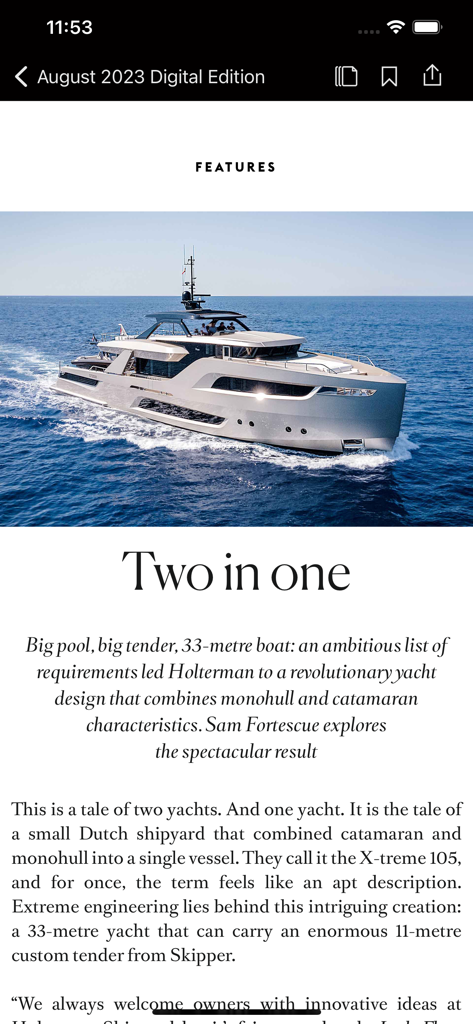 Articolo dell'edizione digitale della rivista Boat International che presenta uno yacht di lusso X-treme 105 in mare