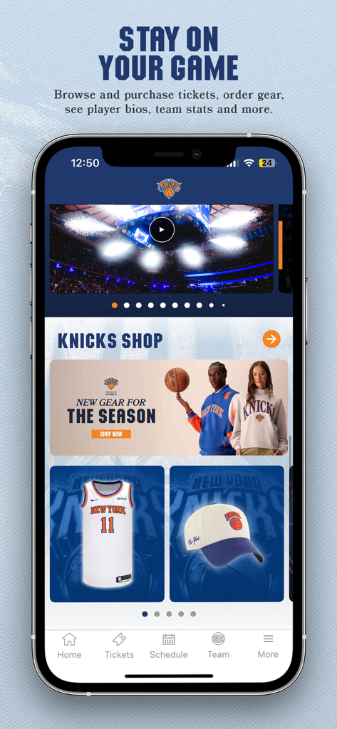 New York Knicks Official App - New York Knicks Official App shop screen featuring team apparel and gear
