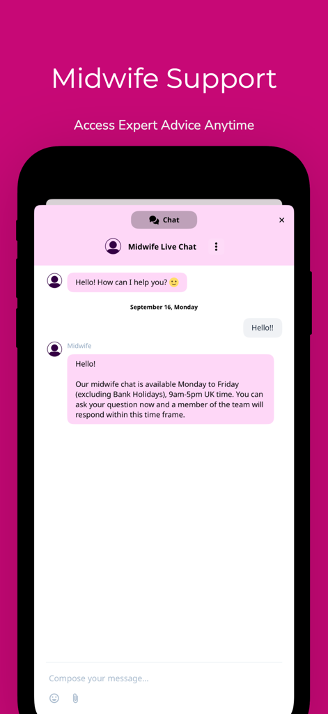 Dearbump: Pregnancy & Midwife - Live-Chat-Funktion mit der Hebamme in der Dearbump Schwangerschafts-App für medizinische Expertenunterstützung