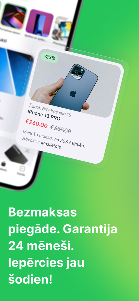 Banknote - Banknote app interface showing a discounted iPhone 13 Pro with monthly installment options and free delivery offer