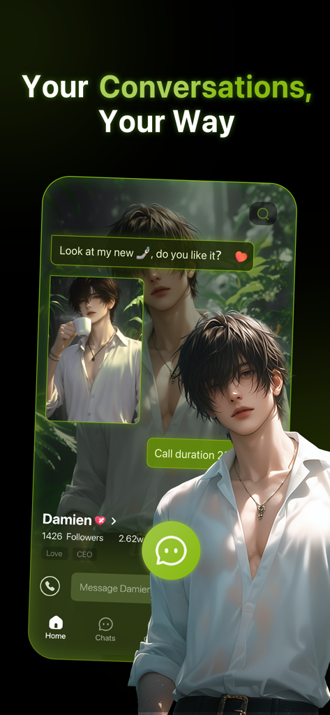 A mobile app screenshot showing a chat interface with an AI anime character named Damien in the PolyBuzz app.